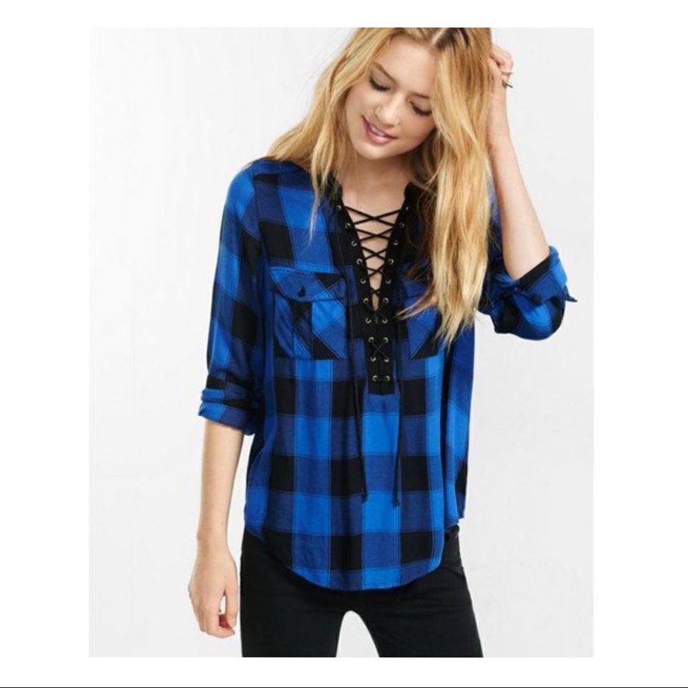 ✨Express
Women's Black&Blue Check Lace-up Shirt✨